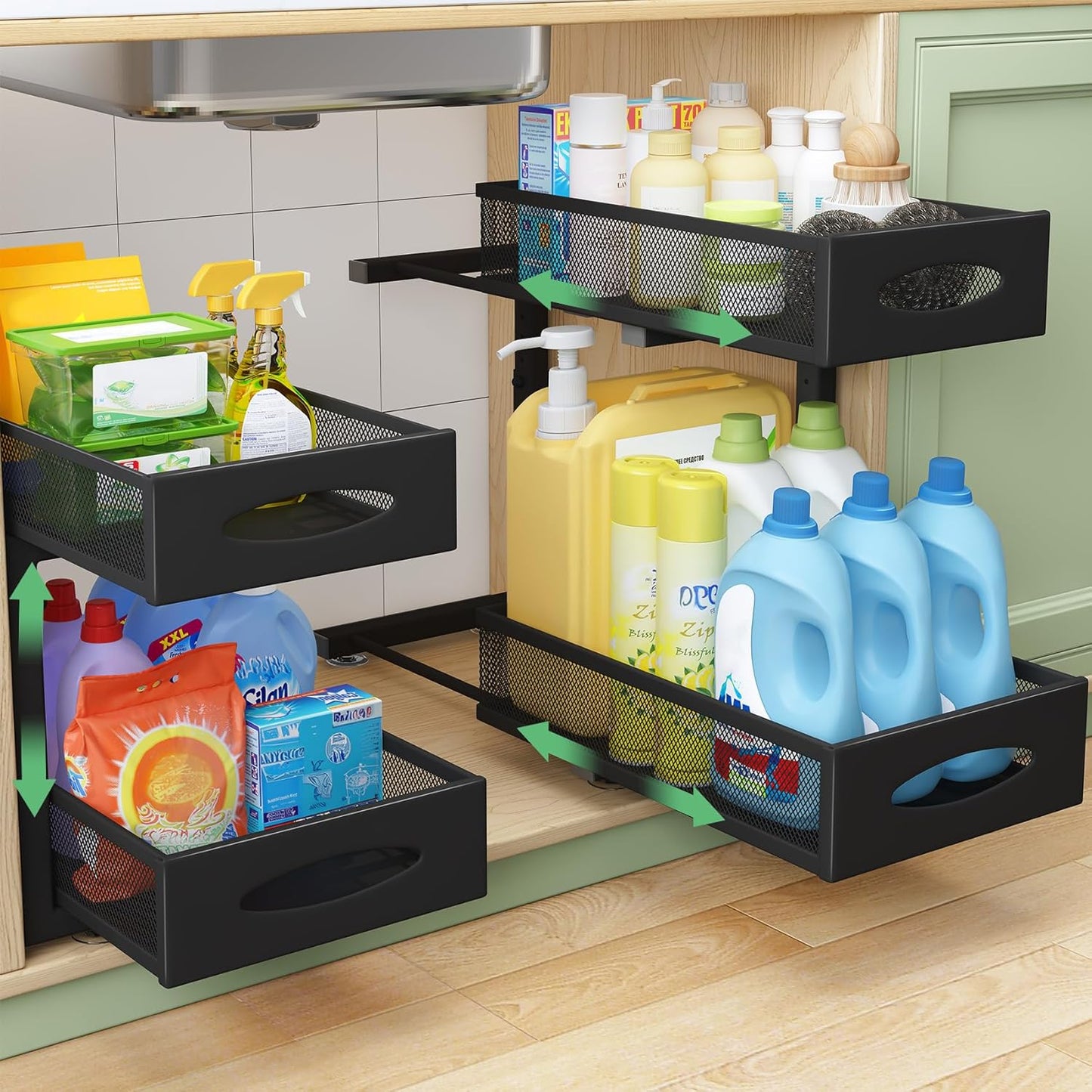 Under Sink Organizer, 2 Tier Pull out Cabinet Organizer Baskets with Mesh Sliding Drawers