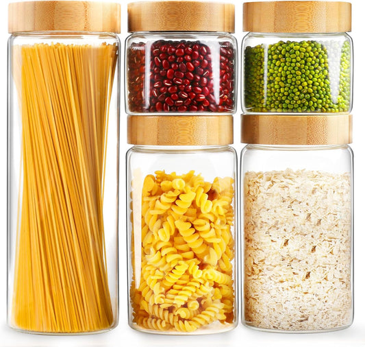 Airtight Glass Jar with Lid, Glass Storage Containers with Screw On Bamboo Lids, for Cookie, Pasta