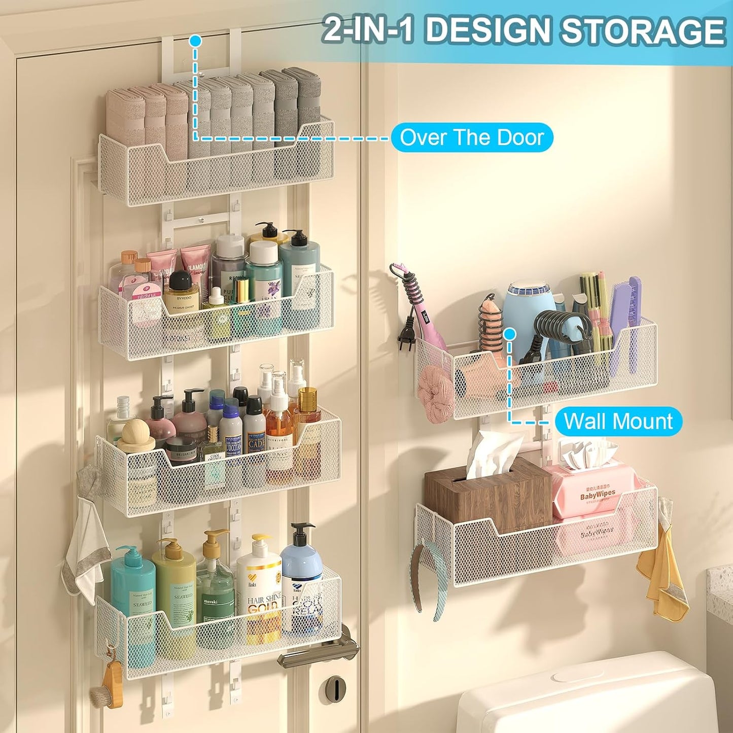 Over The Door Organizer, Metal Hanging Door Organizer with 6 Adjustable Baskets and 5 Hooks