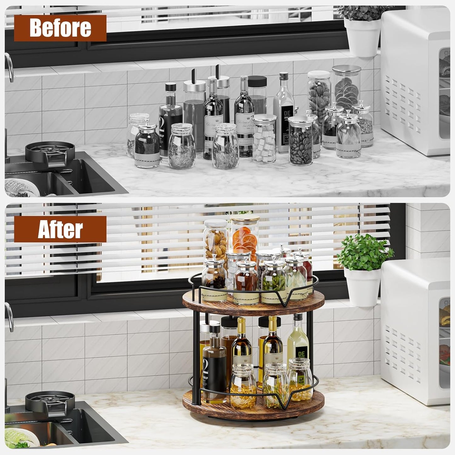 12" Wood Lazy Susan, Rotating Spice Rack, 2 Tier Spice Turntable Organizer