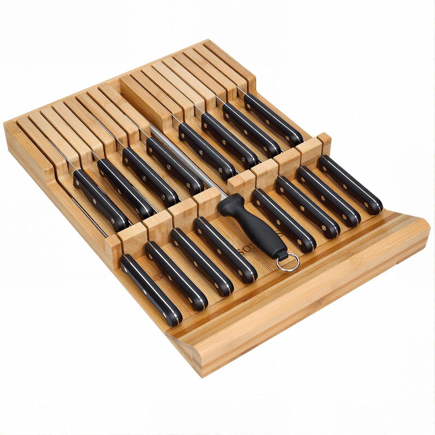 18PCS Bamboo In-Drawer Knife Block Organizer Set with Steak & Paring Knives