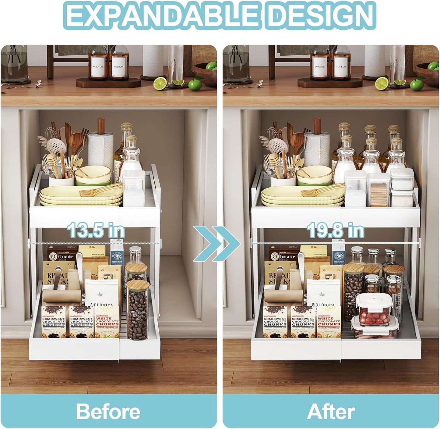 2-Tier Expandable Pull Out Cabinet Organizer - Slide Out Drawers for Kitchen Cabinets