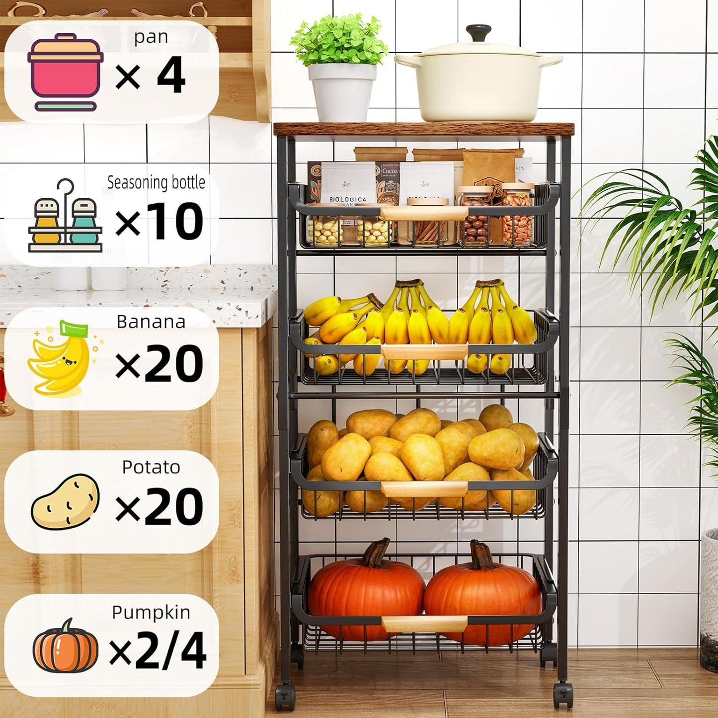 5-Tier Rolling Utility Cart, Kitchen Storage Cart with Wheels