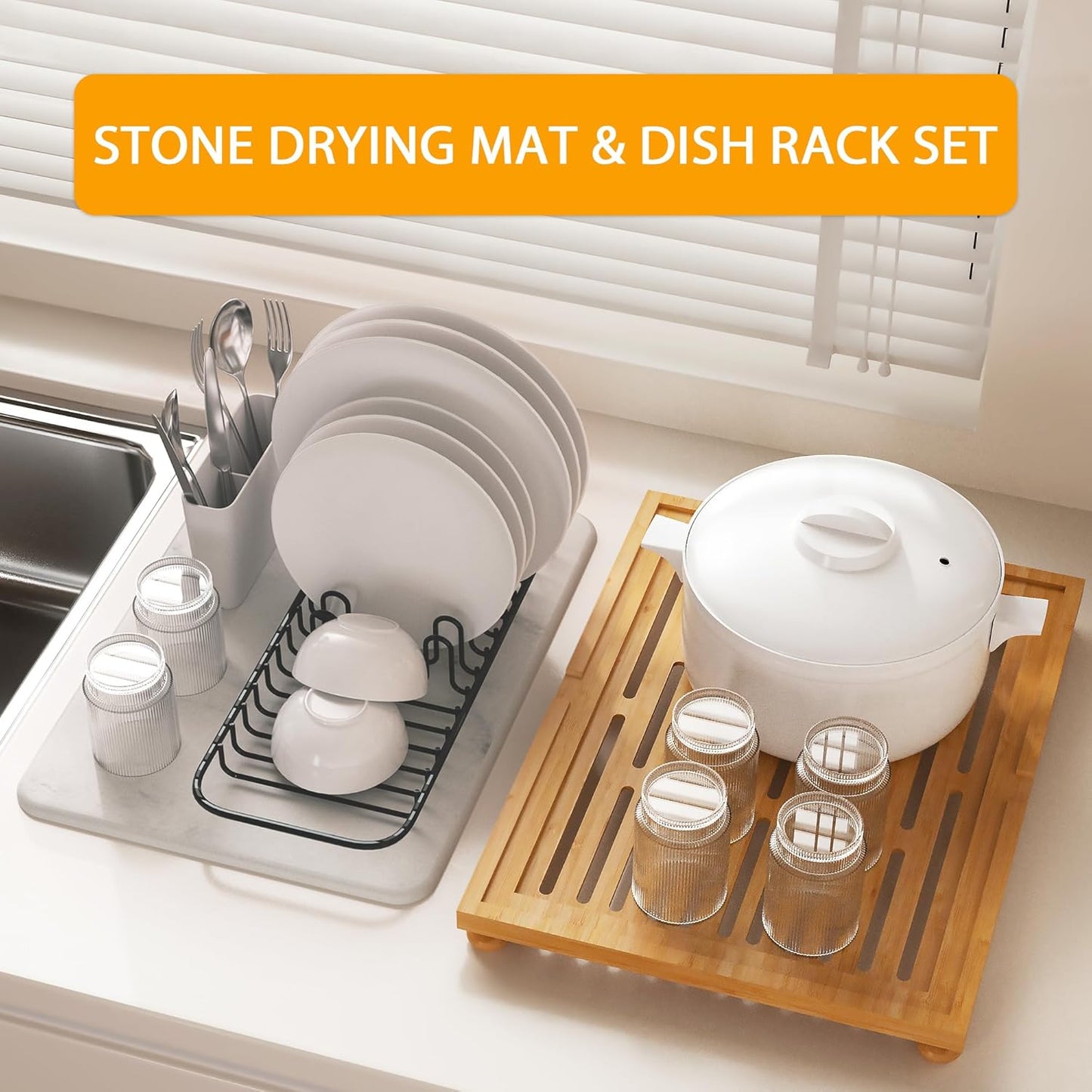 Stone Drying Mat for Kitchen Counter, Dish Drying Pad with Bamboo Rack