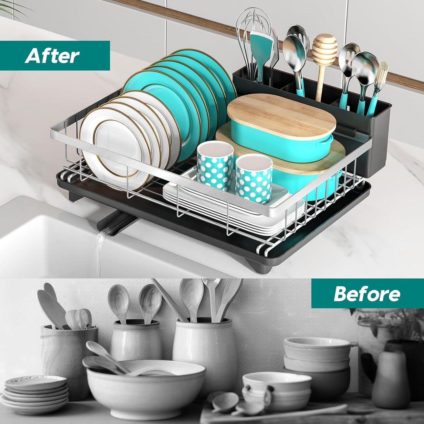 Stainless Steel Dish Drying Rack for Kitchen Counter Sink，Rustproof Stainless Steel Dish Rack with Large 3-Compartment Utensil Holder