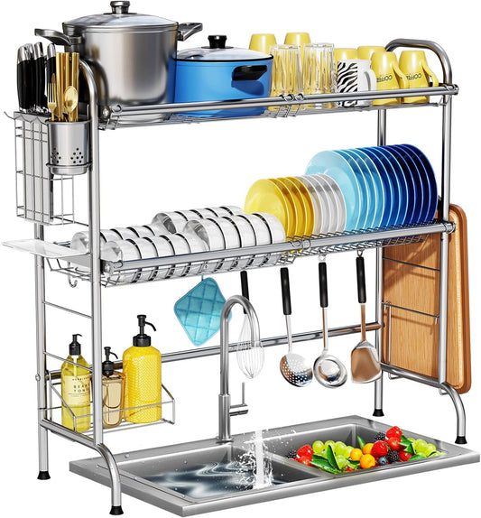 Stainless Steel 2-Tier Over The Sink Dish Drying Rack with Utensil Holder, Large