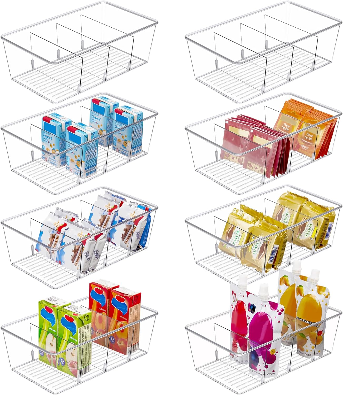 8 Pack Food Storage Organizer Bins, Clear Plastic Bins for Pantry, Kitchen, Fridge
