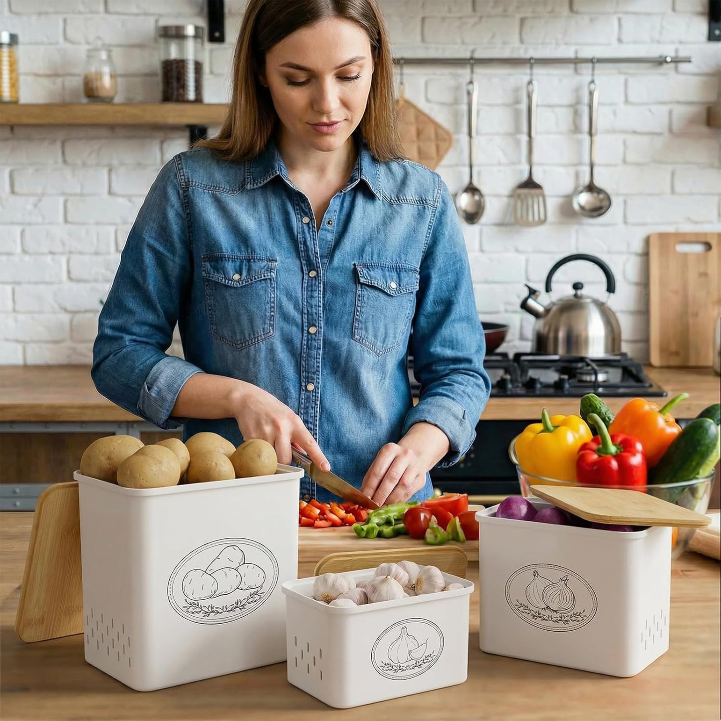 Potato and Onion Storage Bin, Stackable Garlic Keeper with Aerating Holes and Lid