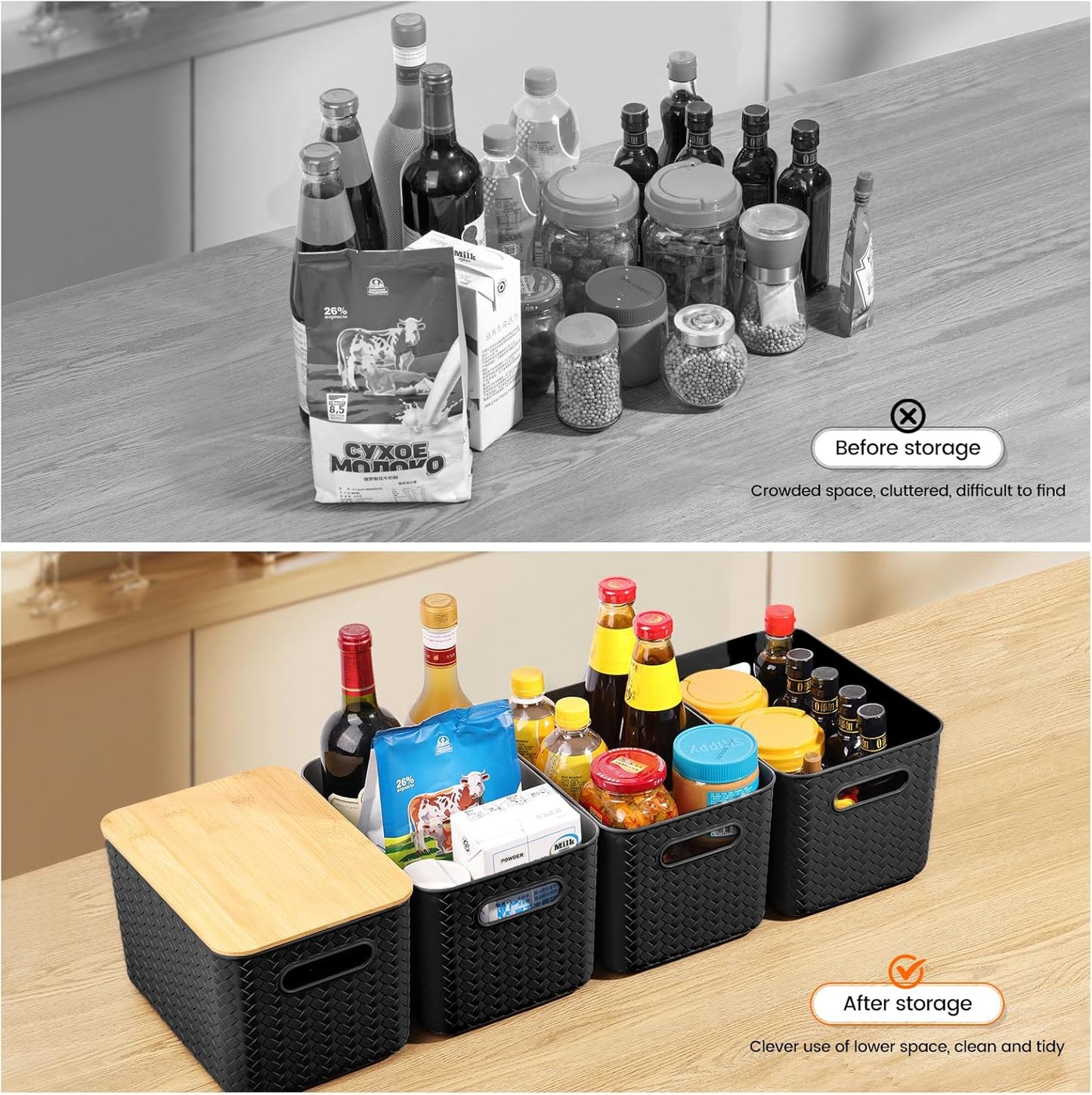 4 Packs Storage Bins with Bamboo Lids - Plastic Storage Containers with Lids Stackable Storage Box: Storages Baskets for Organizing Desktop Closet Playroom Classroom Office, Black