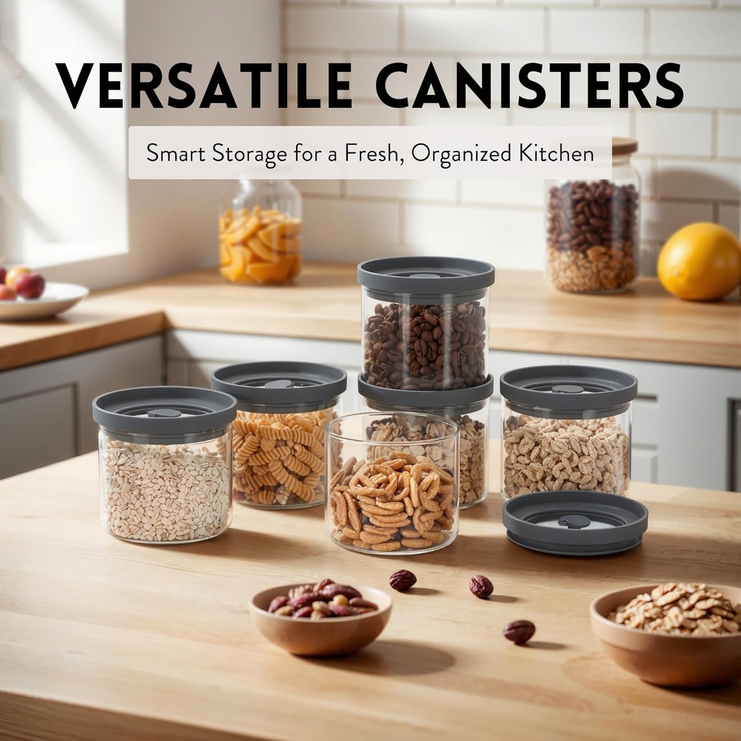Glass Canisters with Airtight Lids Set of 6 (17.5 oz) - Borosilicate Glass Jars for Overnight Oats