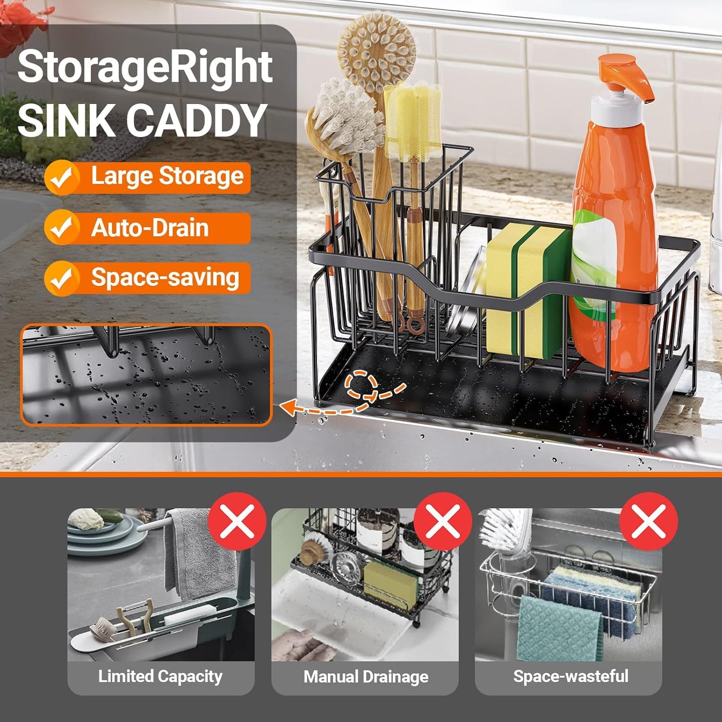 Kitchen Sink Caddy Organizer, Rustproof Sponge Holder for Kitchen Sink