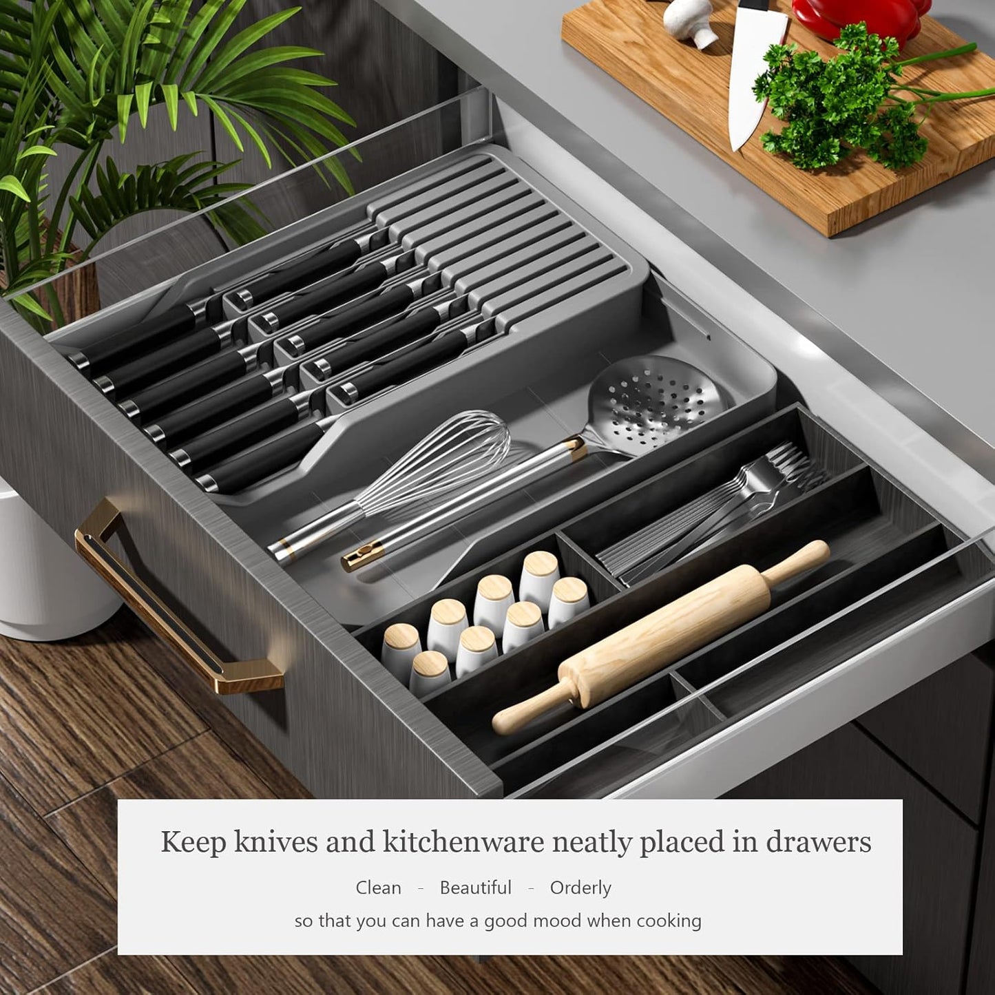 Expandable Drawer Knife Insert Organizer - Plastic Knife Storage Tray for Kitchen Drawers