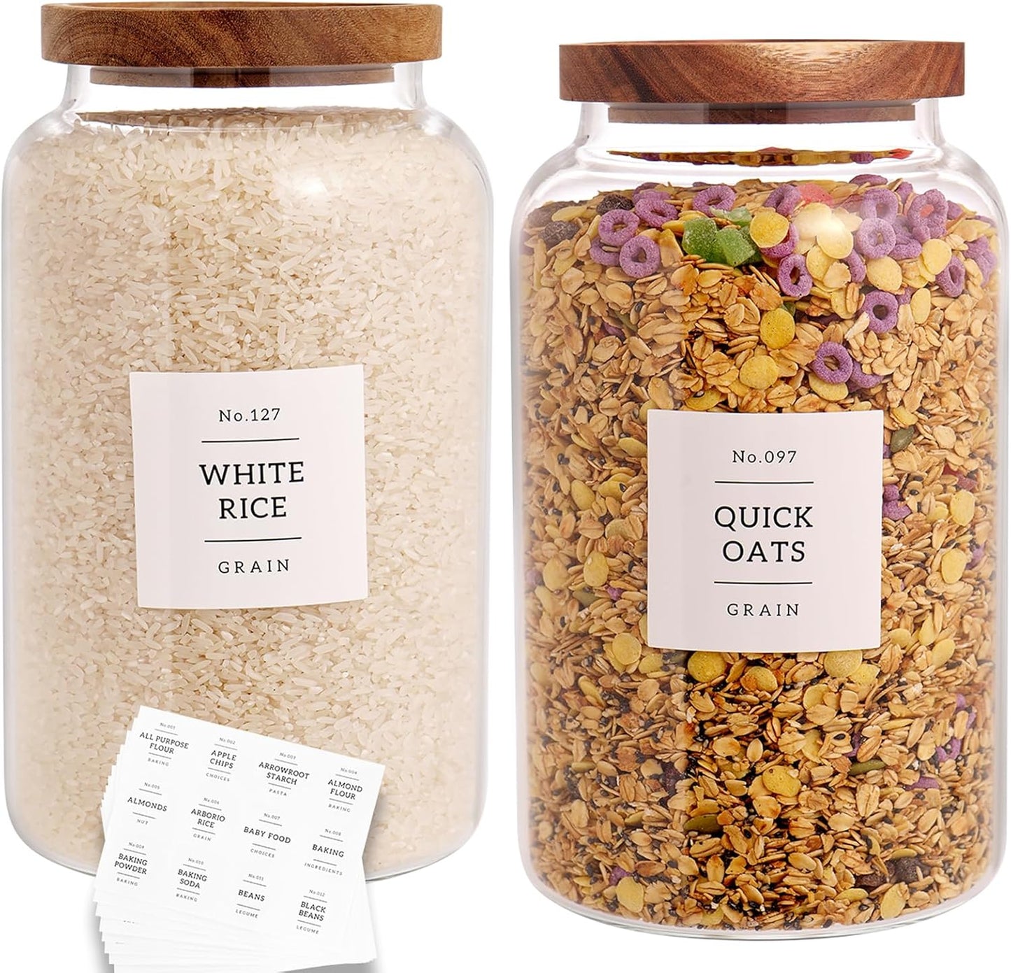 Set of 2 Large Glass Jar with Airtight Acacia Lid and 132 Kitchen Pantry Labels