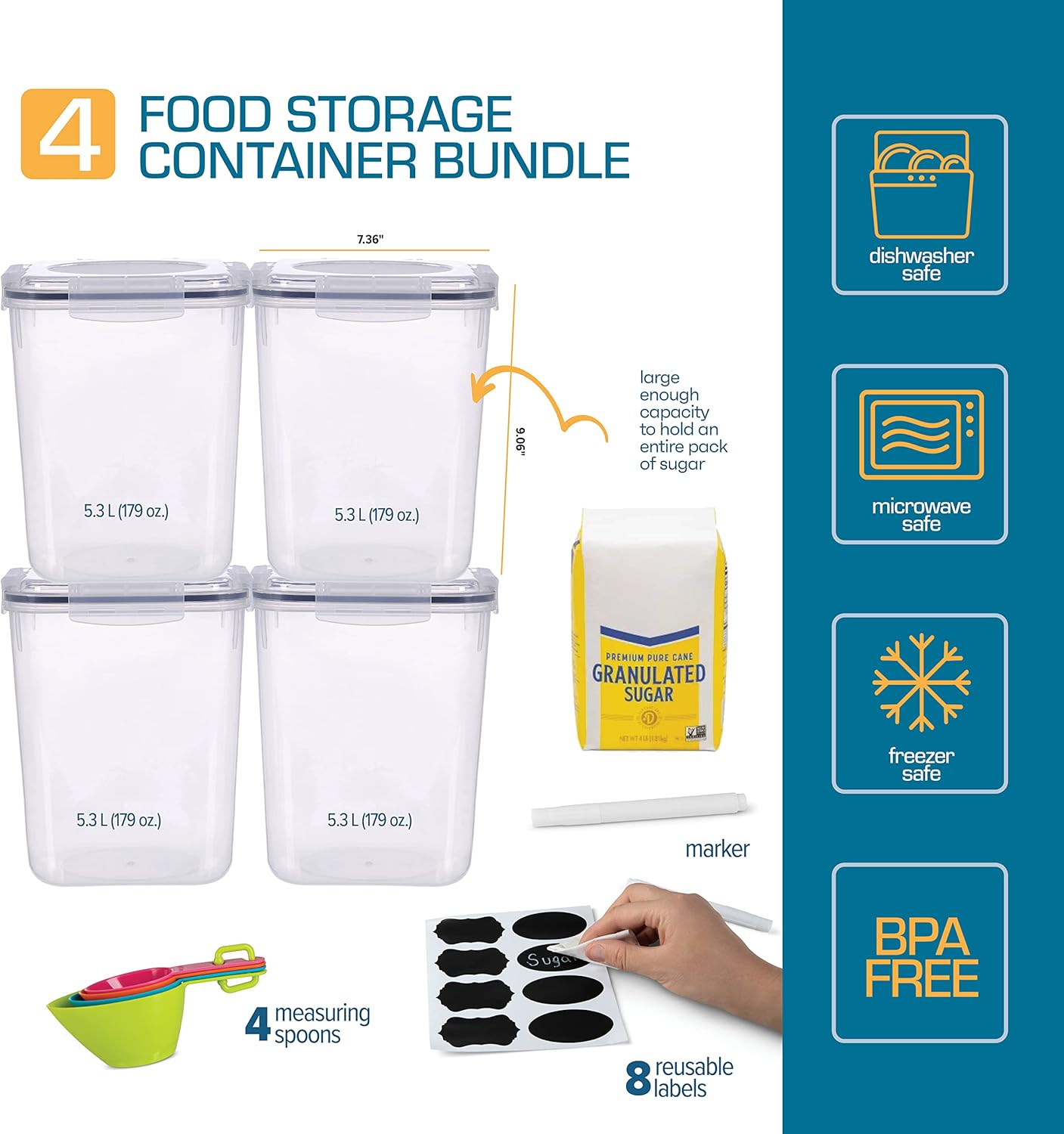 Flour Sugar Storage Containers (5.3L/4pk) Great Rice Canisters Sets For The Kitchen pantry
