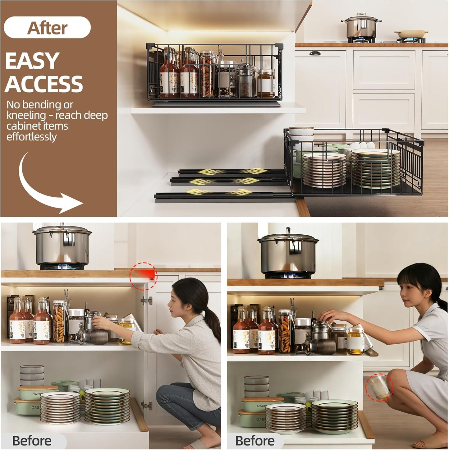 2 Pack Expandable Pull Out Cabinet Organizer, Raised 6.69" guardrail, Adjustable Width 13"-20.07"