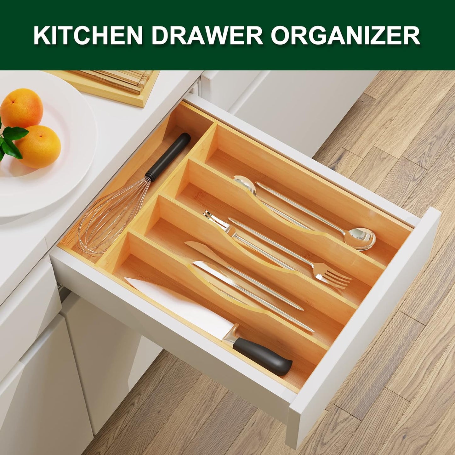 Utensil Organizer 10 Inch Silverware Tray for Drawer Utensil Holder Cutlery Organizer Kitchen Drawer Organizer 5 Compartment Small Narrow Bamboo