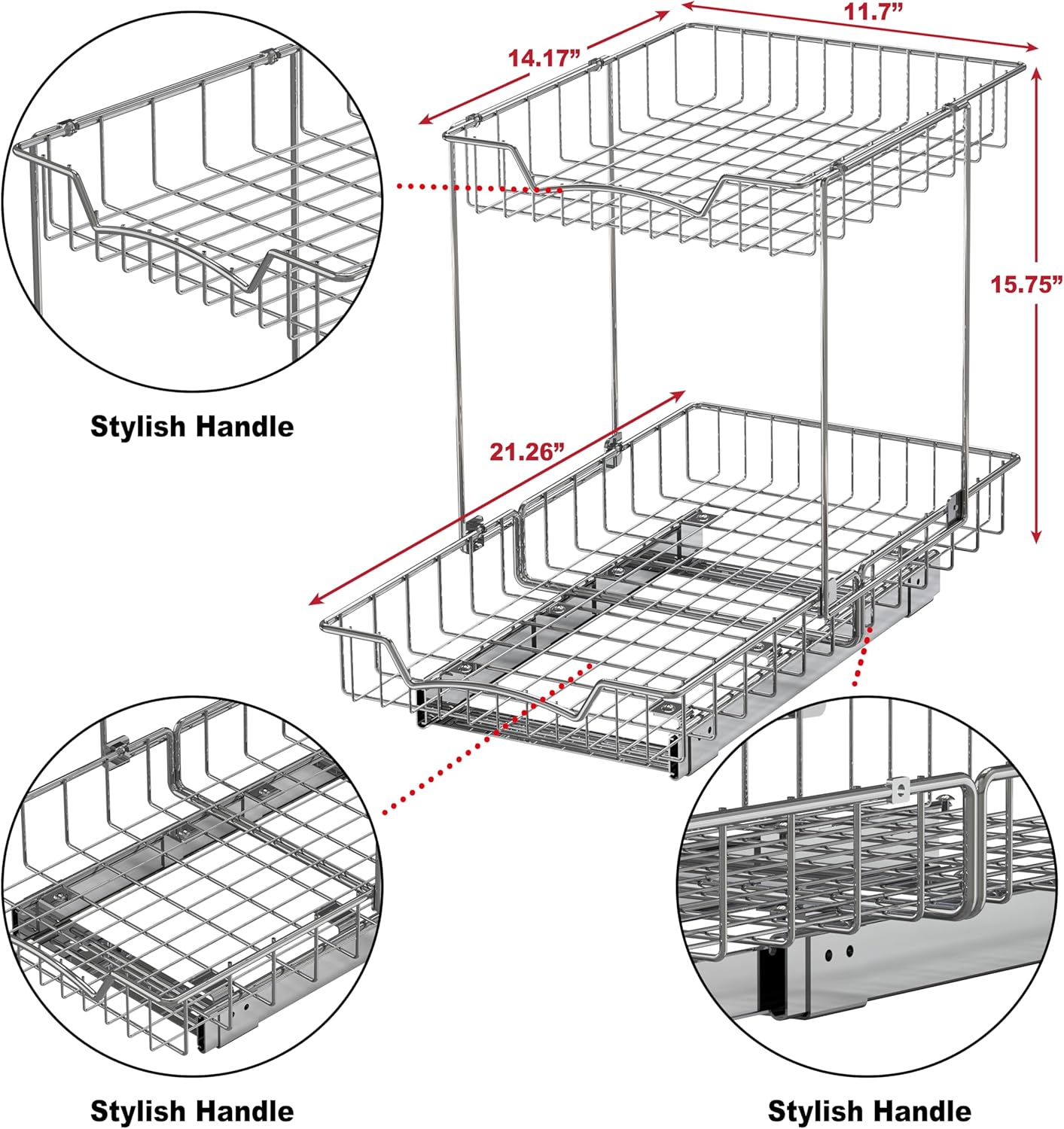2-Tier (L+L) Organizer Pull Out Under Cabinet Sliding Shelf, Chrome