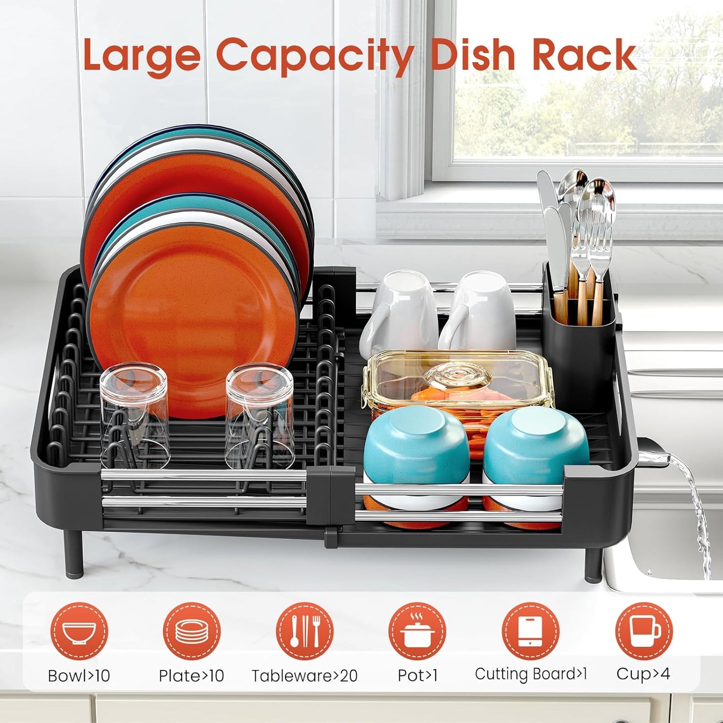 Dish Drying Rack, Expandable Dish Rack for Kitchen Counter, Anti-Rust Dish Drainer