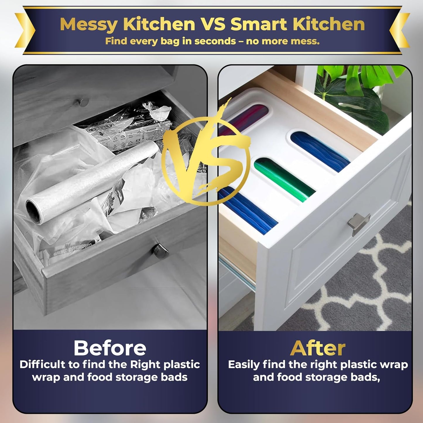 4 IN 1 Food Storge Bag Organizer for Kitchen Drawer, 4-Slot