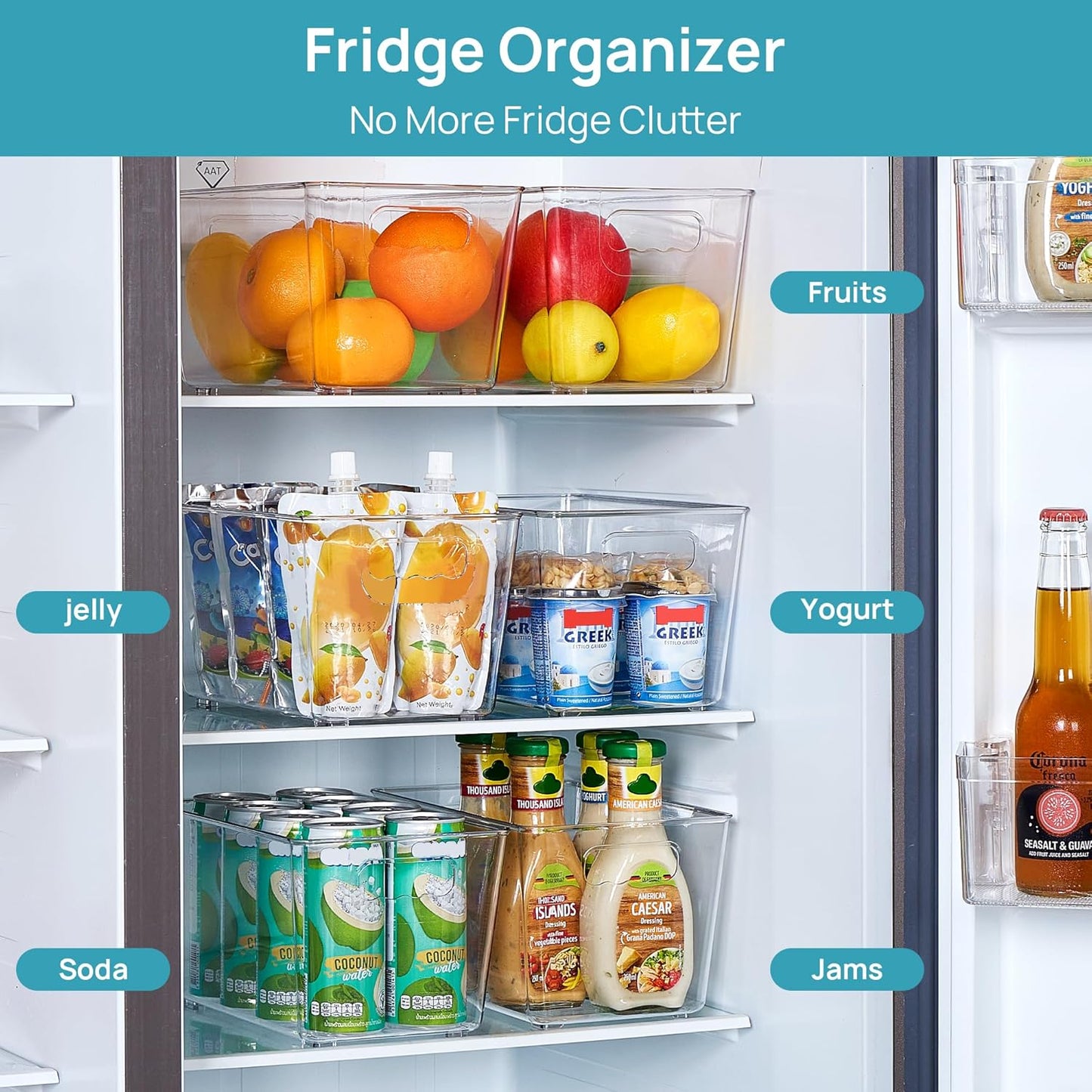 6 Pack Clear Storage Bins, Pantry Cabinet Organizer Bins with Handle for Pantry Organizer and Storage, Plastic Bins for Fridge, Cabinet, Kitchen, Countertops, Cupboard, Freezer, Medium