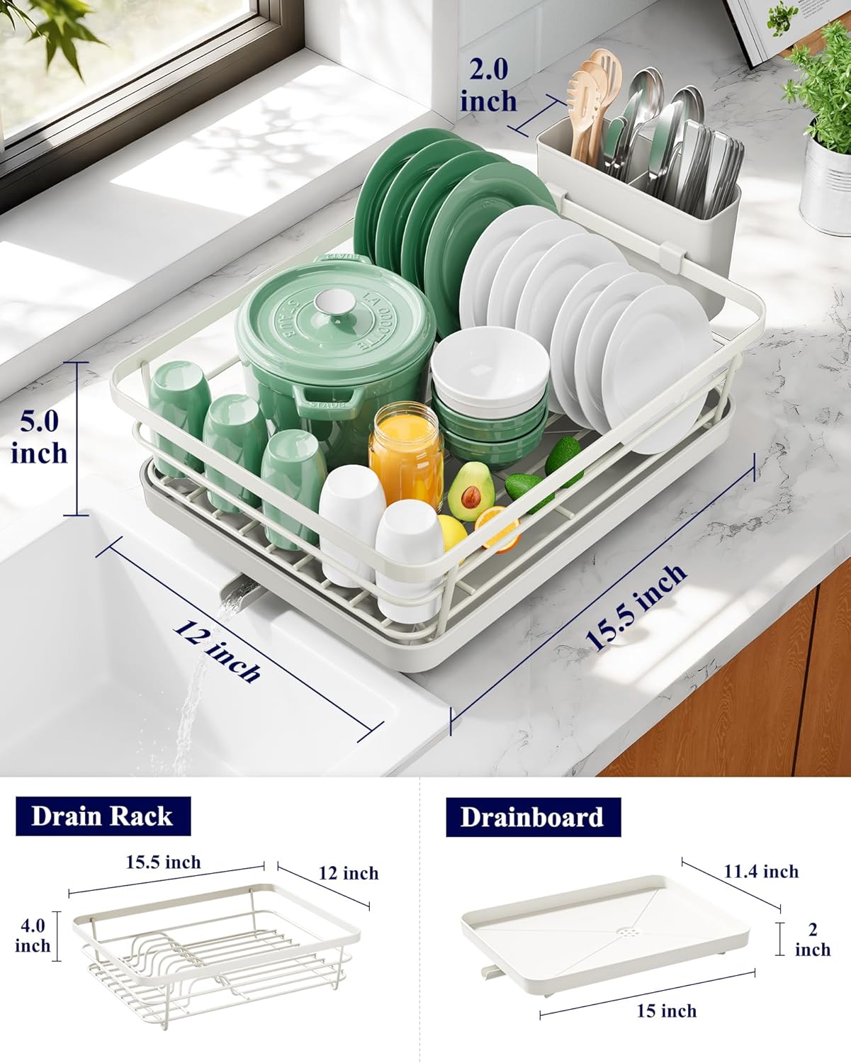 Dish Drying Rack for Kitchen Counter, Stainless Steel Sink Organization and Storage Essentials with Cutlery Holder, Home and Appartment Decor, 12''W x 15.5''L, Light Grey