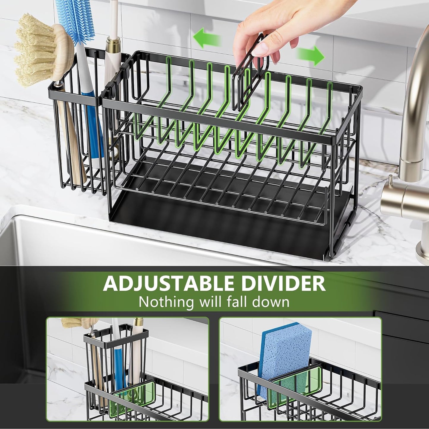 2-Tier Kitchen Sink Caddy Organzier Rack with Flexible Dish Brush Holder
