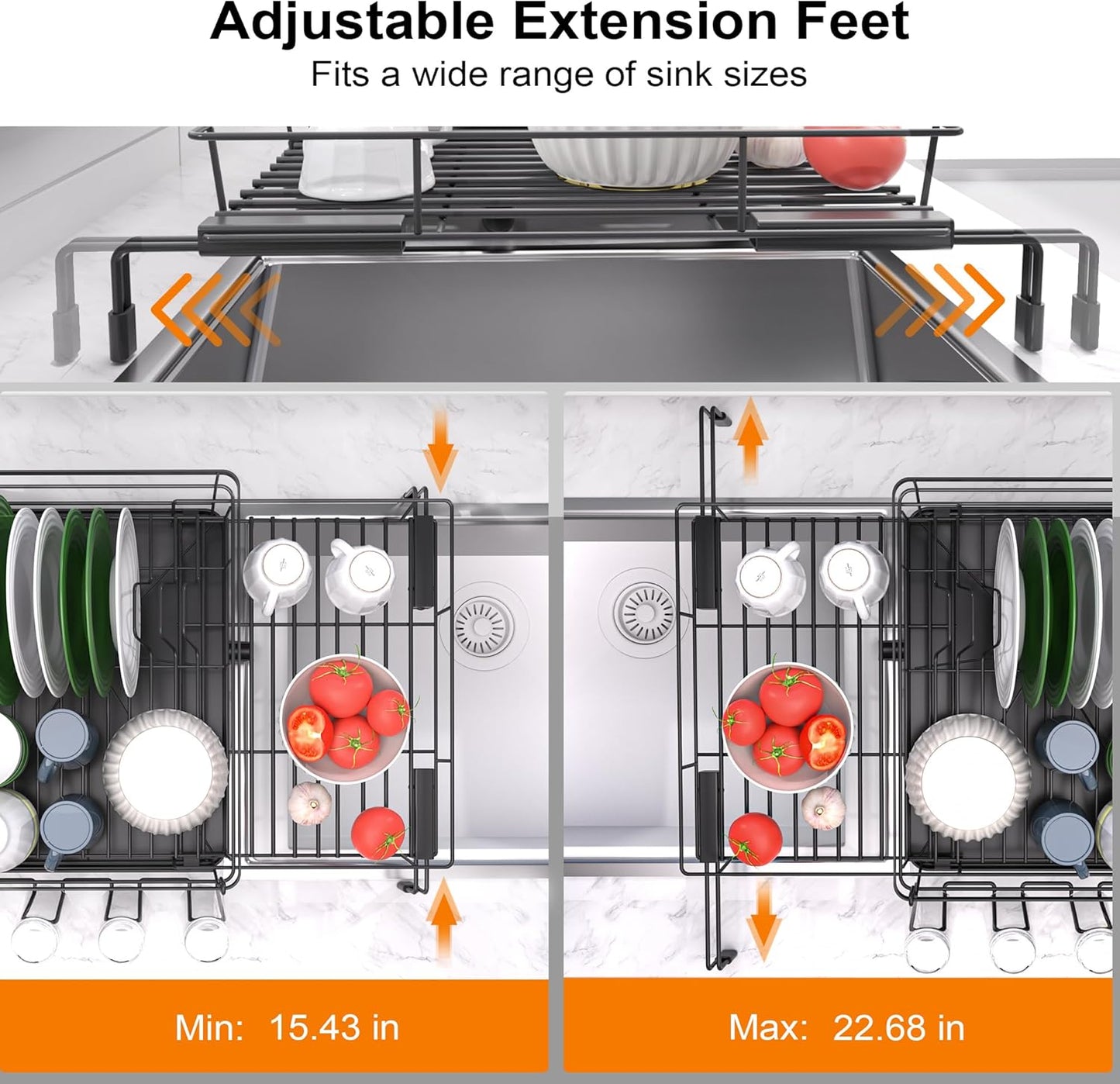 Dish Drying Rack - Expandable Dish Rack, Large Drying Dish Drainer Over Sink with Drainboard