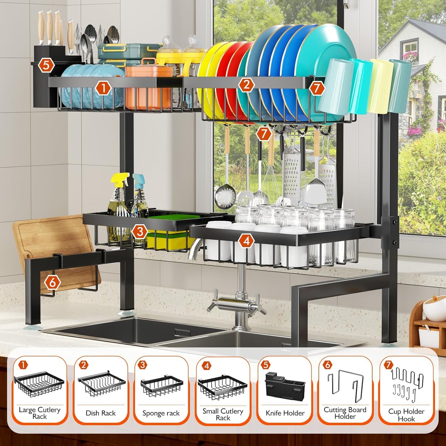 4 Baskets Over The Sink Dish Drying Rack, Extendable Large Capacity Sink Rack