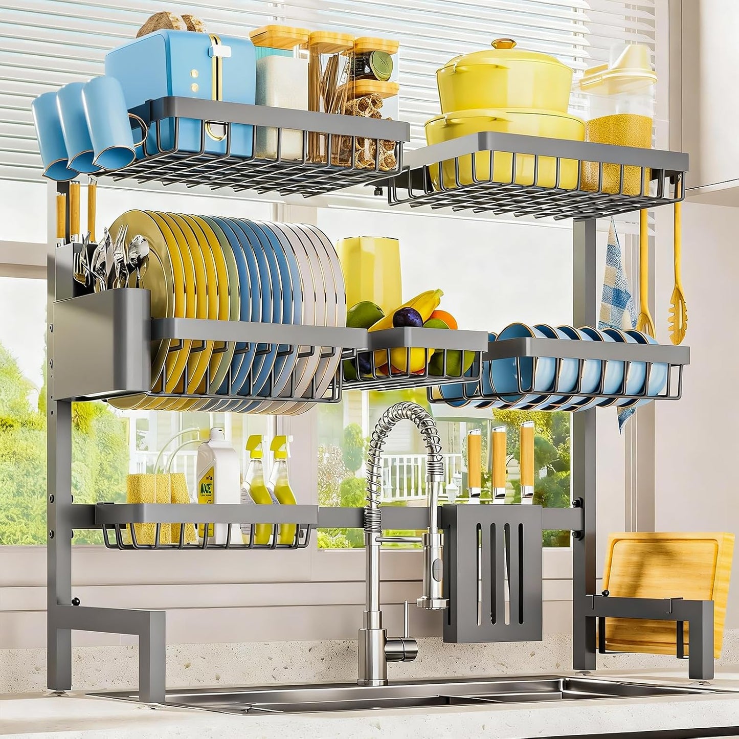 Dish Drying Rack - Over The Sink Dish Drainer Drying Rack with Utensil & Knife Holder, Hooks