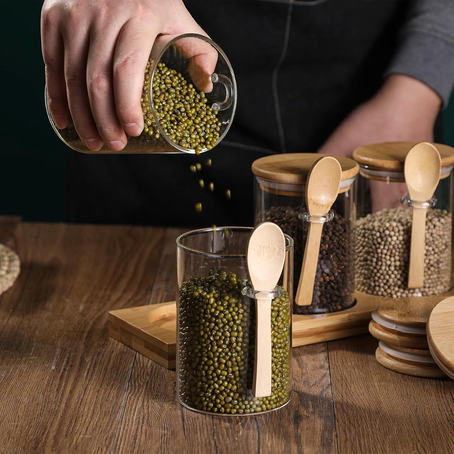 Glass Spice Storage Container with Spoon, 3PCS 20oz Airtight Sealed Condiment Jar with Tray