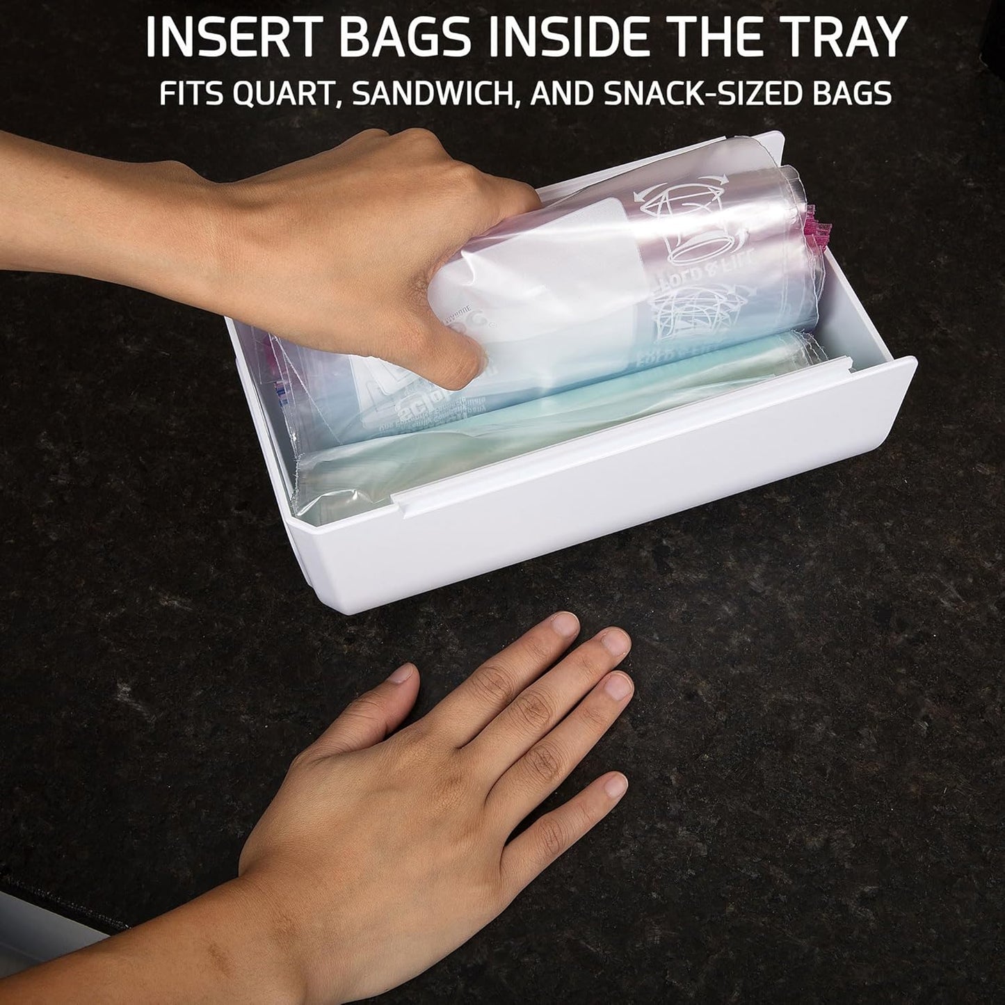 Dispenser for Bags size Quart, Sandwich, and Snack Bags | Under-Cabinet or Shelf Mount | Easy Front-Access Bag Dispensing | Kitchen Organization and Storage Solution