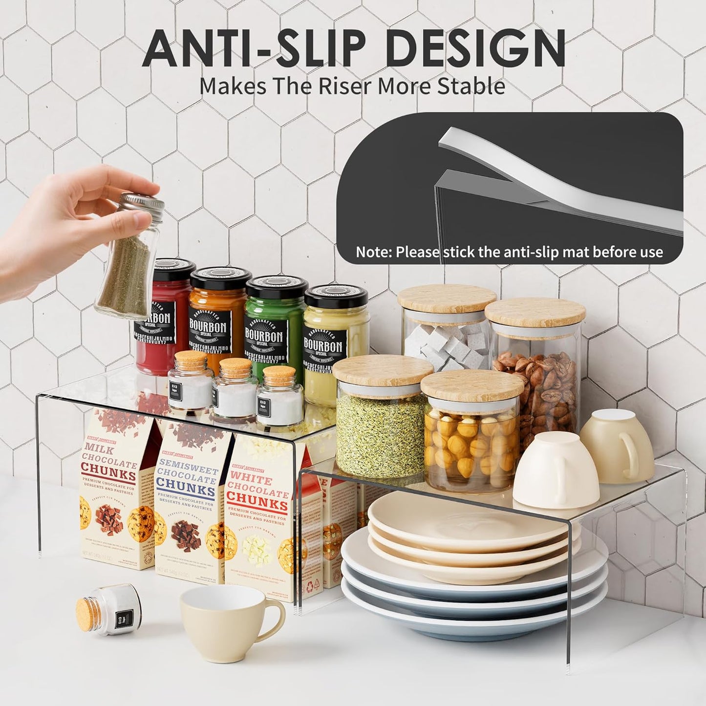 Clear Acrylic Kitchen Cabinet Risers Set of 2 - Anti-Slip Stackable Shelf Organizers