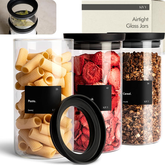 Airtight Glass Jars with Lids & Labels [3x 40oz] Stackable Glass storage jars with airtight lids
