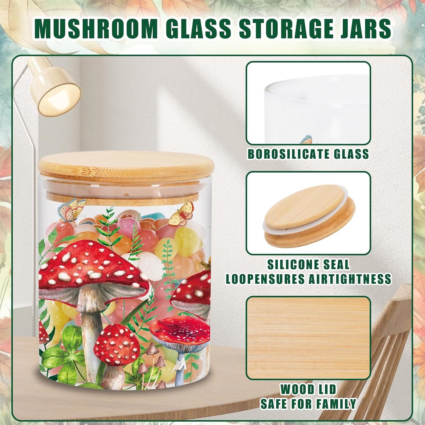 3Pcs Mushroom Forest Glass Storage Jars with Airtight Lid Fern Butterfly Decorative Sugar Canisters Sets for Cookie Spice Home Kitchen Organizers Countertop