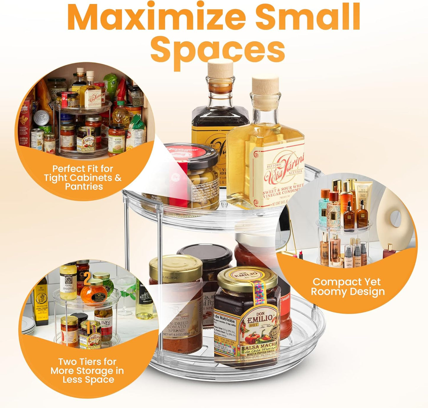 2 Tier Lazy Susan Organizer for Cabinet, Clear Acrylic Rotating Spice Rack Turntable for Kitchen