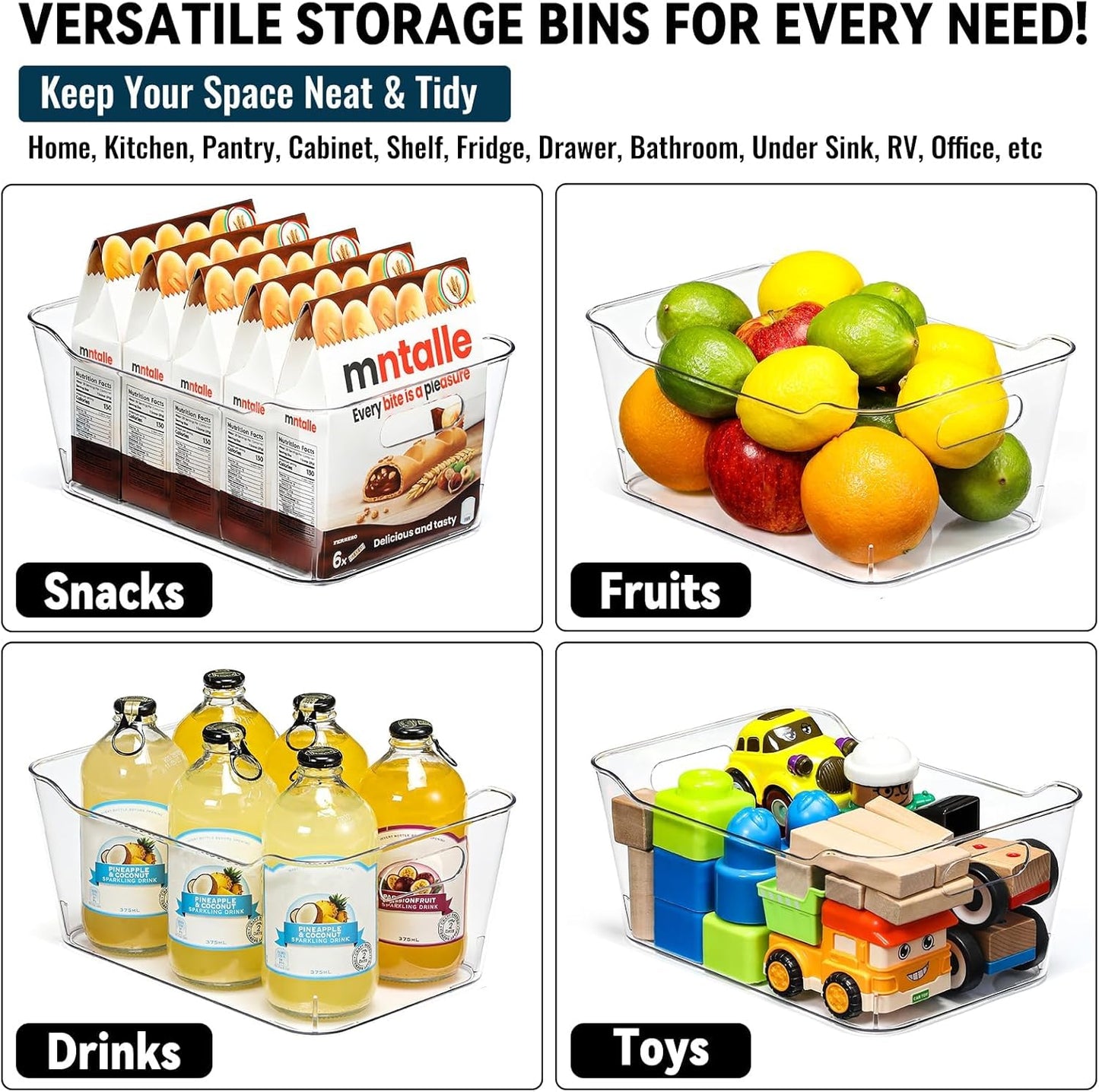 12 PACK Multi-Use Clear Plastic Storage Bins for Organizing w/Labels - Home, Kitchen, Pantry