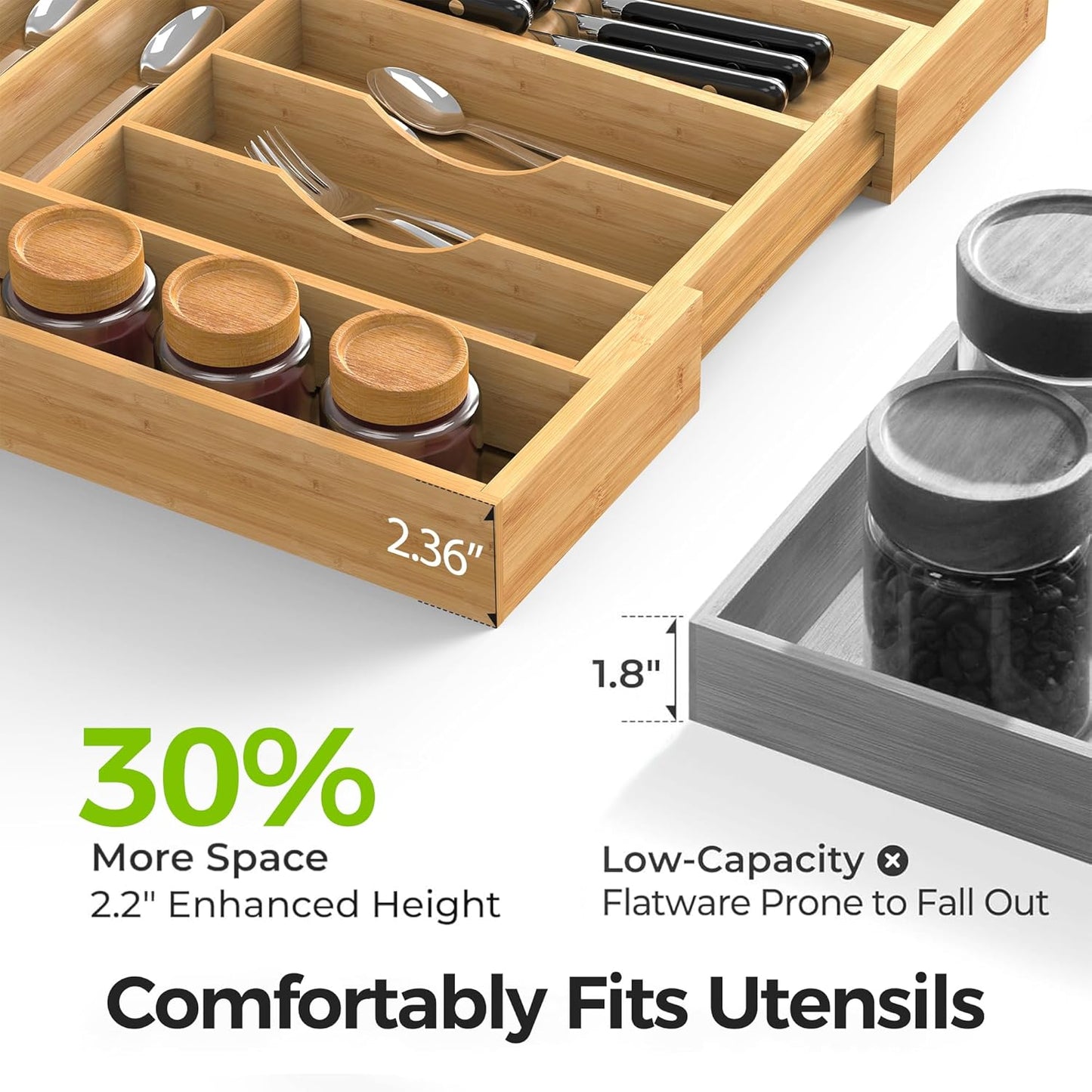 Bamboo Kitchen Drawer Organizer, Expandable Silverware Organizer with Removable Knife Block