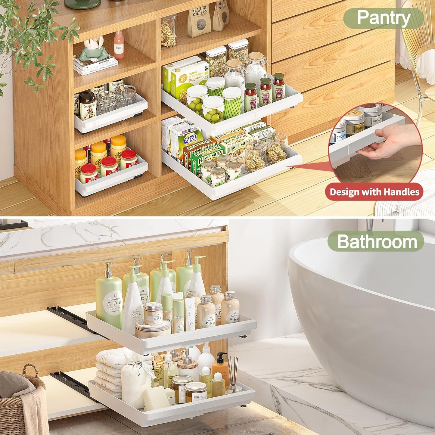 2 Pack Pull Out Cabinet Organizers Expandable, Plastic Slide Out Drawers for Kitchen, Bathroom