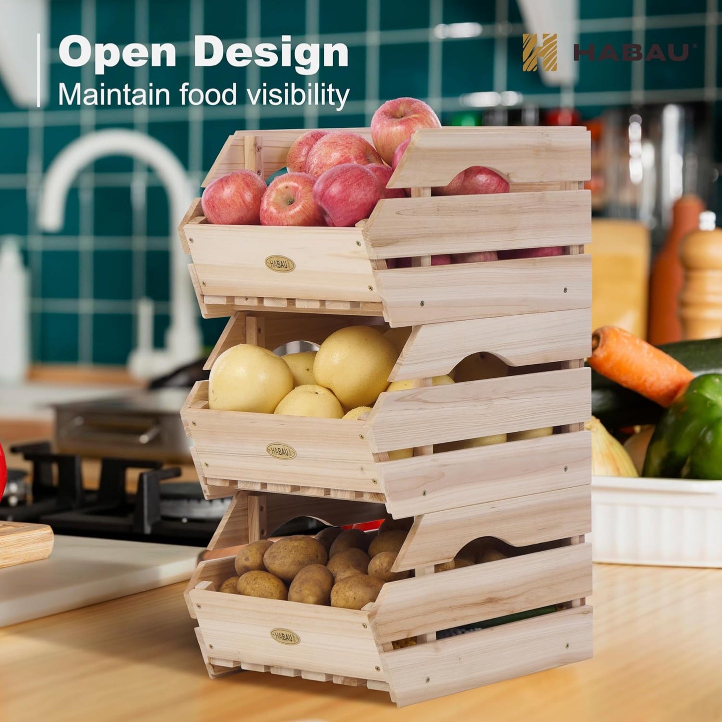 Wood Potato Onion Storage Bins - Wooden Stackable Produce Basket