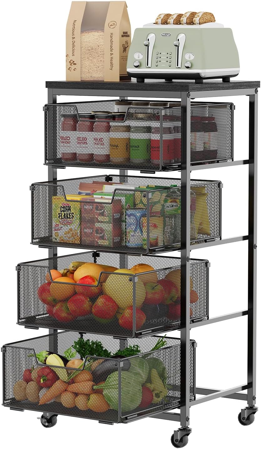 4-Tier Fruit Vegetable Storage Cart - Kitchen Organizer and Storage Cart with Wheels