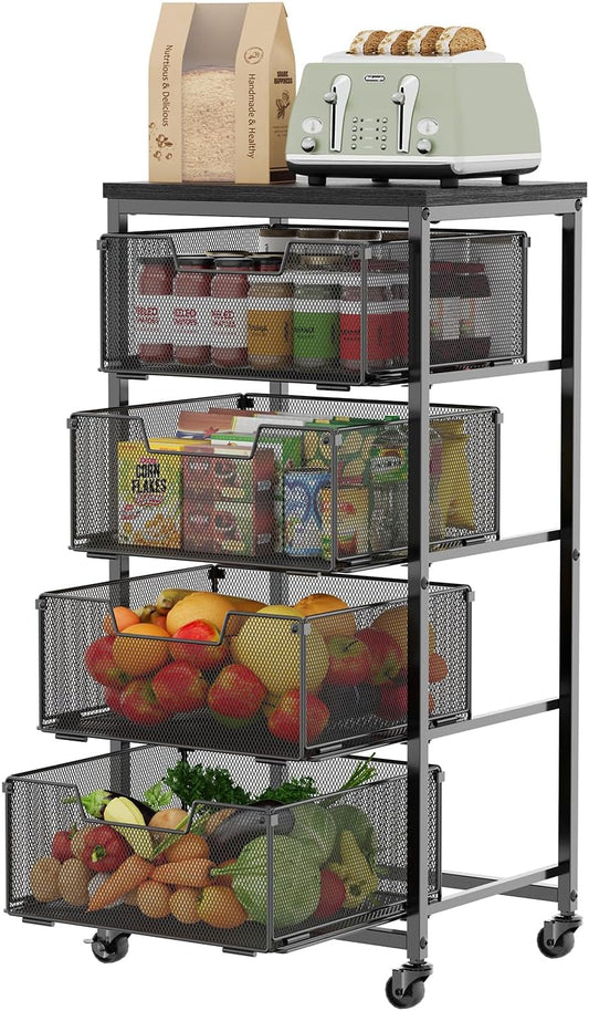 4-Tier Fruit Vegetable Storage Cart - Kitchen Organizer and Storage Cart with Wheels