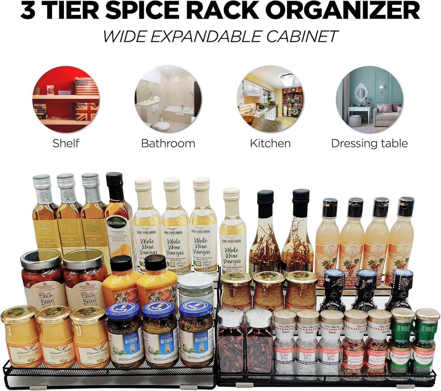 3 Tier Wide Expandable Cabinet Spice Rack Organizer (14.5" to 29.1")