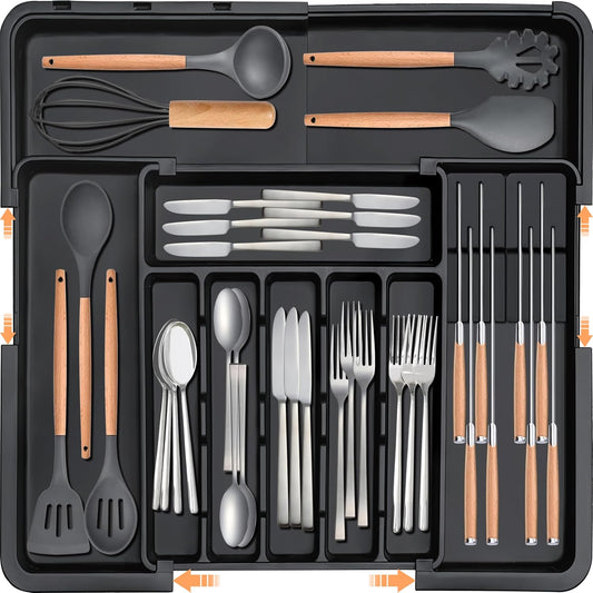 Silverware Organizer - Expandable Large Kitchen Drawer Organizer Utensil Organizer with 2 Removable Knife Blocks, 22"x 19"Cutlery Tray Drawer Dividers for Kitchen Flatware(6-9 Slots) (Black)