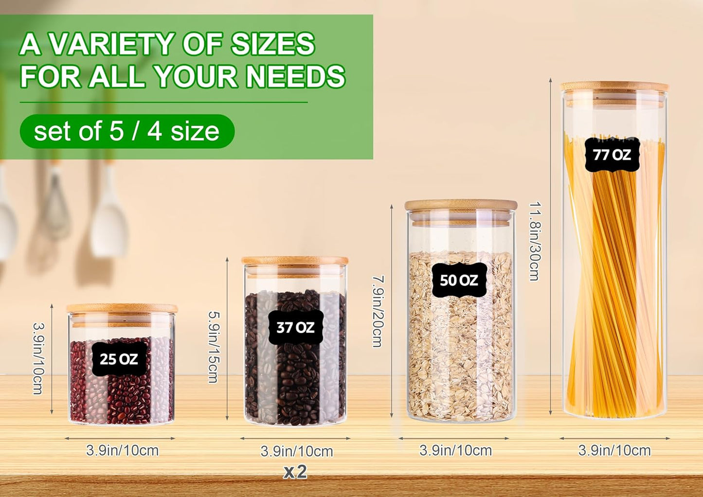 Glass Food Storage Jars, Food Containers with Airtight Bamboo Lids for Pasta, Cookies, Nuts