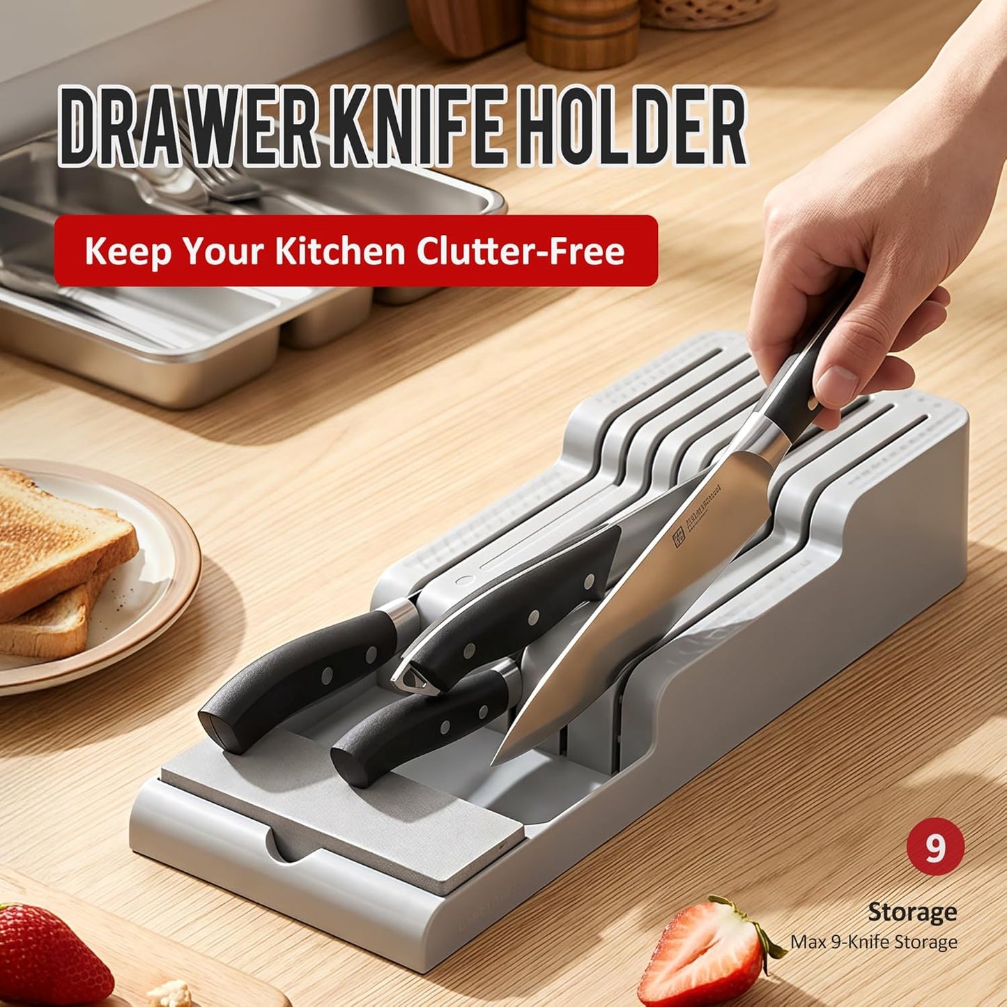 Li&Zhao Knife Drawer Organizer with Integrated Sharpening Stone – Drawer Knife Organizer for Efficient Kitchen Organization, Knife Organizer Drawer Insert Securely Stores Up to 14 Knives