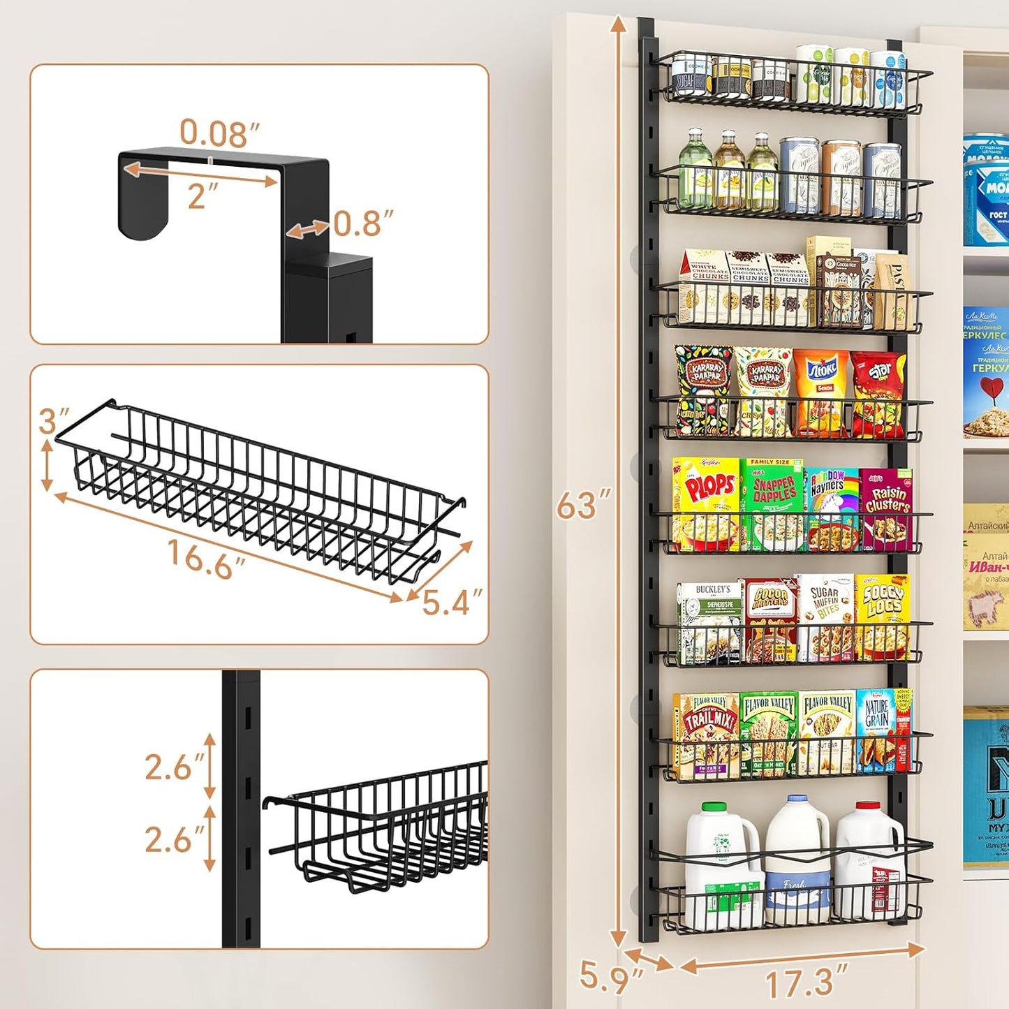 Over the Door Pantry Organizer, 8-Tier Adjustable Spice Rack Cabinet Door Shelves