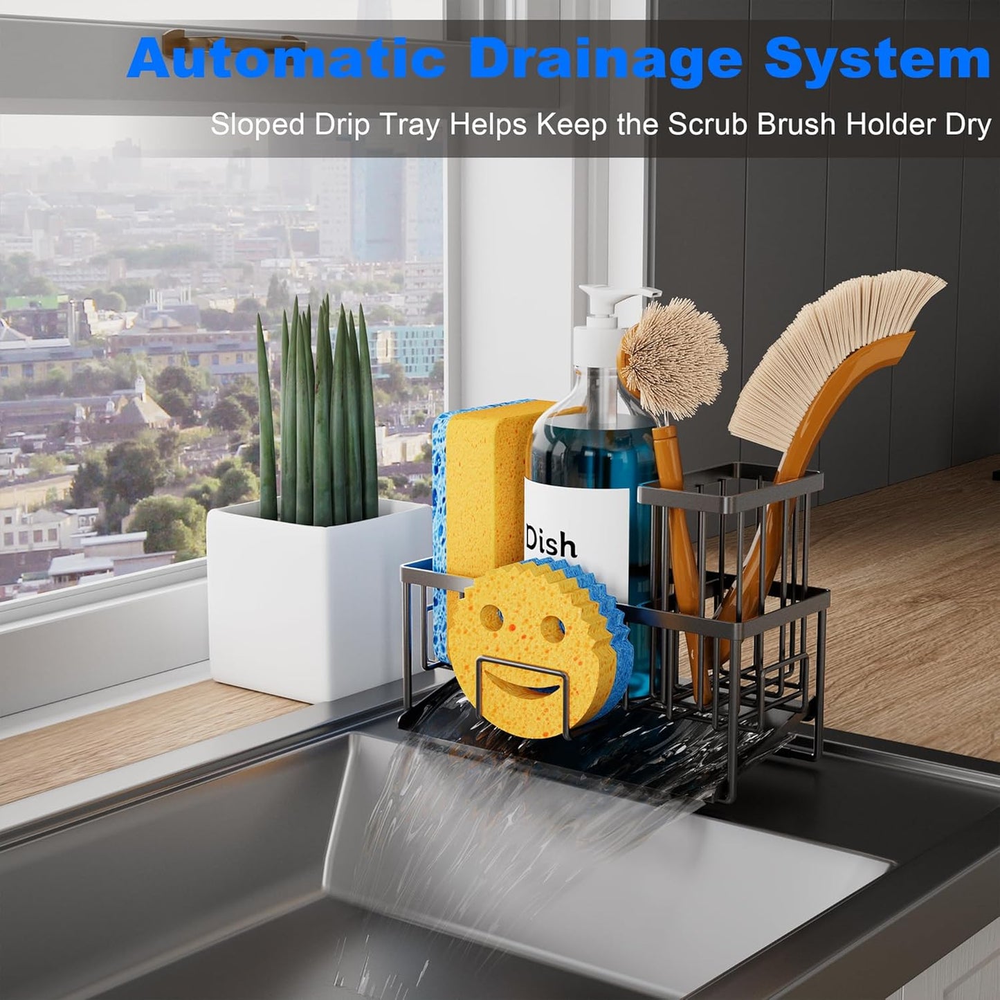 Sponge Holder for Kitchen Sink with Self Tray, Sink Caddy Cocina Organzier with Brush Holder