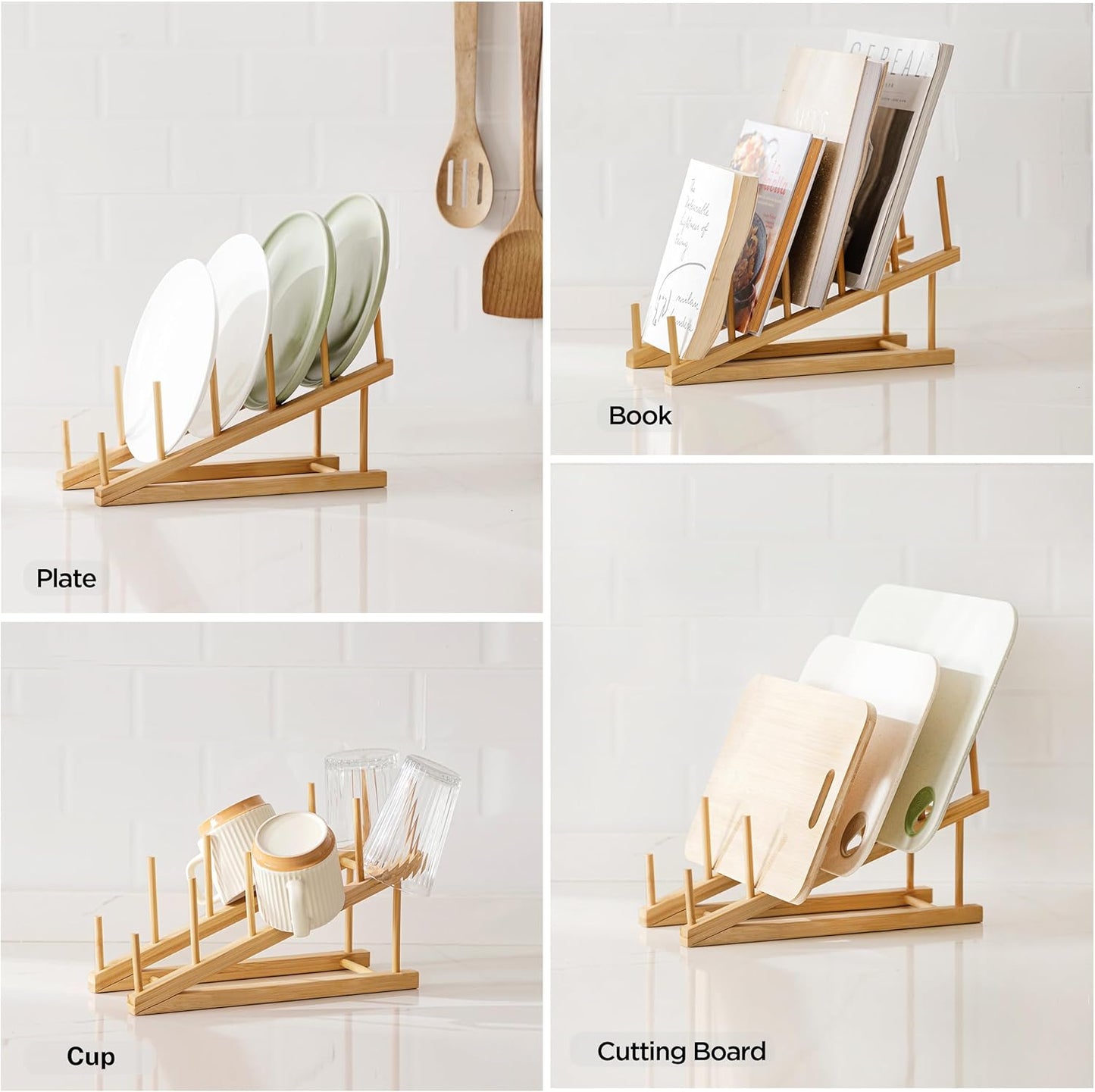 Bamboo Wooden Dish Drying Rack, 1 PCS Plate/Dish/Book/File/Bowl/Cup/Cutting Board/Pot Lid Organizer for Kitchen Counter, Office, Display Cabinet