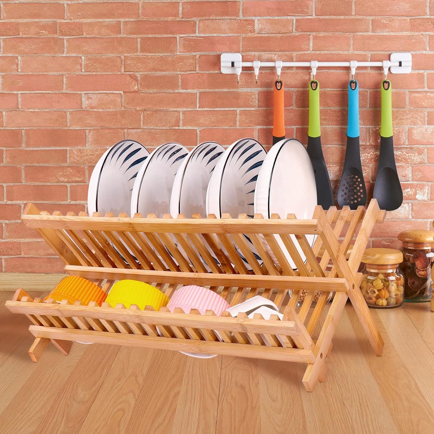 Collapsible Bamboo Dish Drying Rack - 2 Tier Space Saving Kitchen Counter Organizer
