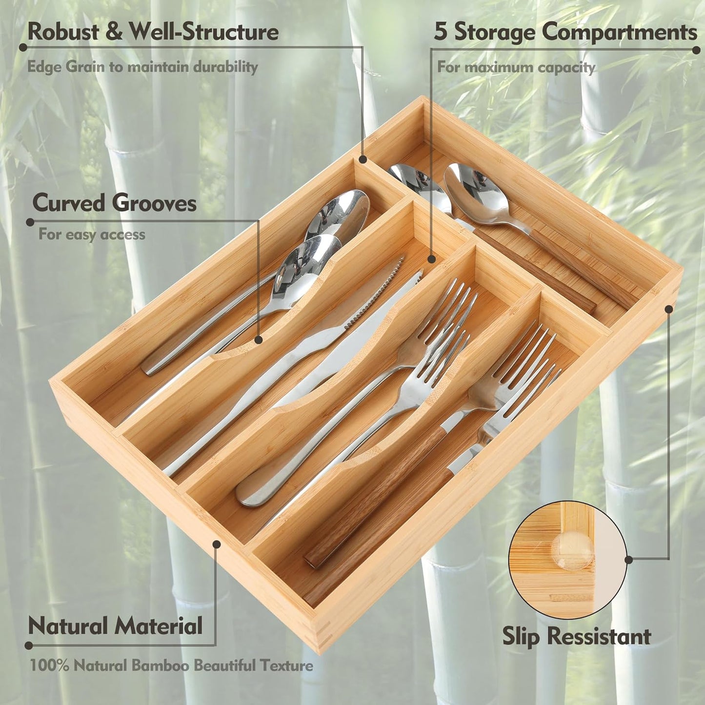Bamboo Kitchen Drawer Organizer, 9 Inch Silverware Utensil Holder for Samll Drawer